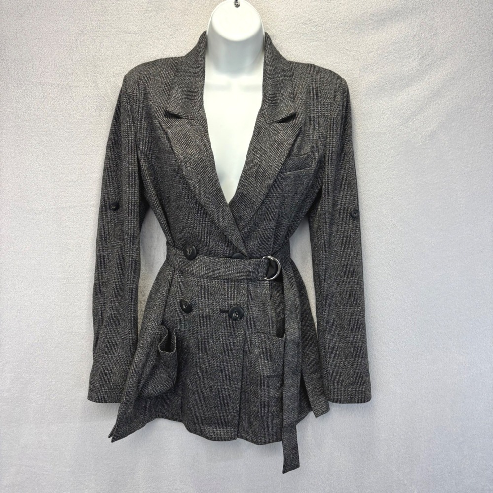 CAbi Double Breasted Knit Blazer Women S Gray Glen Plaid Belted Stretch Jacket